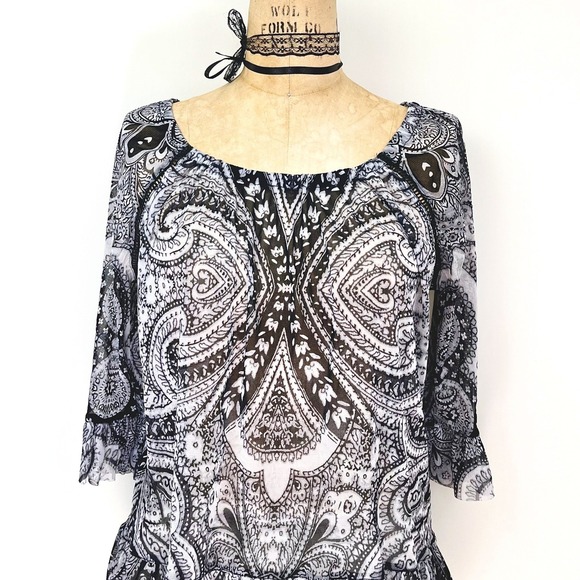 Y2K Womens M Sheer Paisley Mesh Ruffle Blouse Whimsical Fairy Grunge Festival - Picture 5 of 12